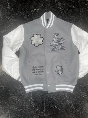 PacSun Varsity Jacket Gray White Embroidered Flower Snap Utopia Afterworld S