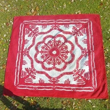 Hawaiian Quilt Wall Hanging Red & White Medallion Handmade 110x102 King