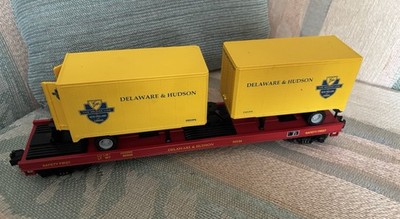O Gage MTH Rail King O27 Gauge D&H 50' Flat Carrying  Two D&H Trailers 16144