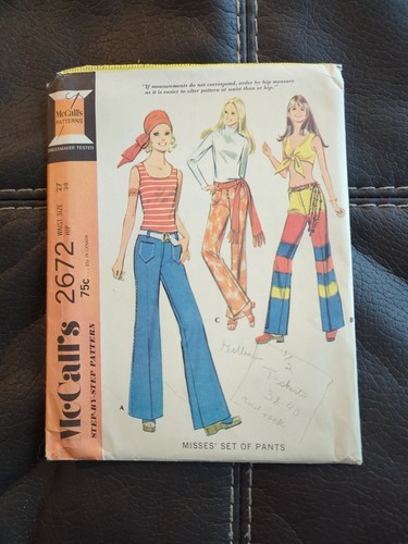 Front Zipper Hip Hugger Bell Bottom Pants Pattern McCalls 2672