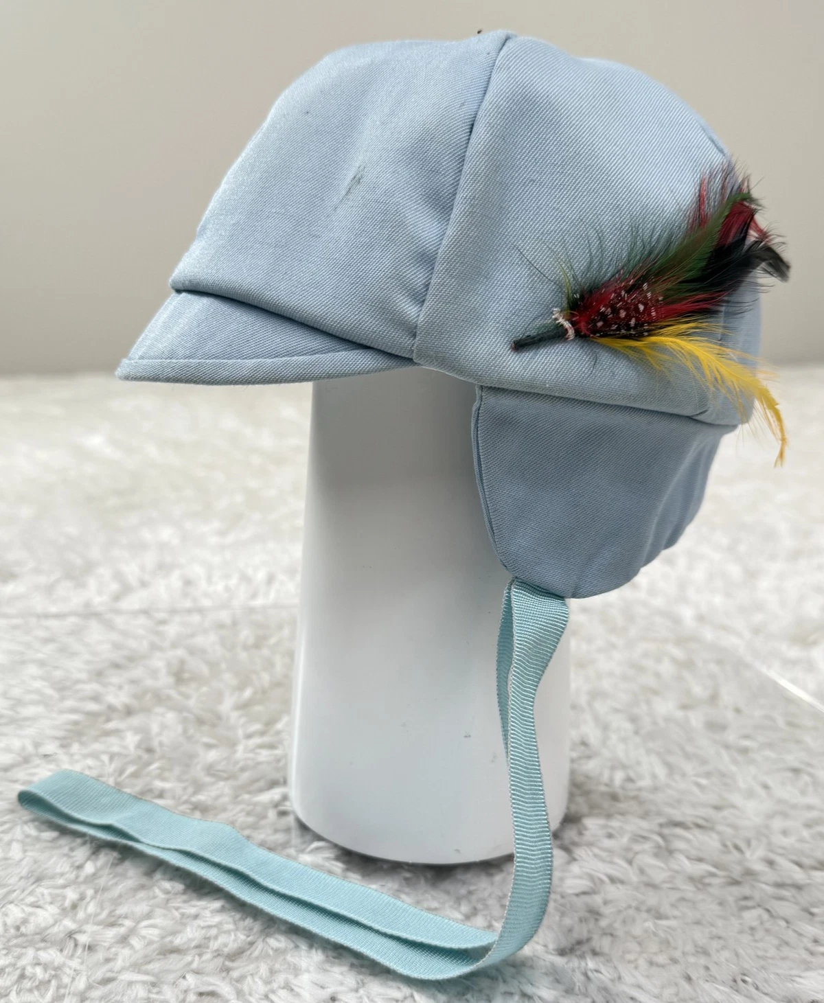 VINTAGE Hat Cap Toddler Baby 19 Blue Ear Flap Feather USA 1950's Aviator Trapper