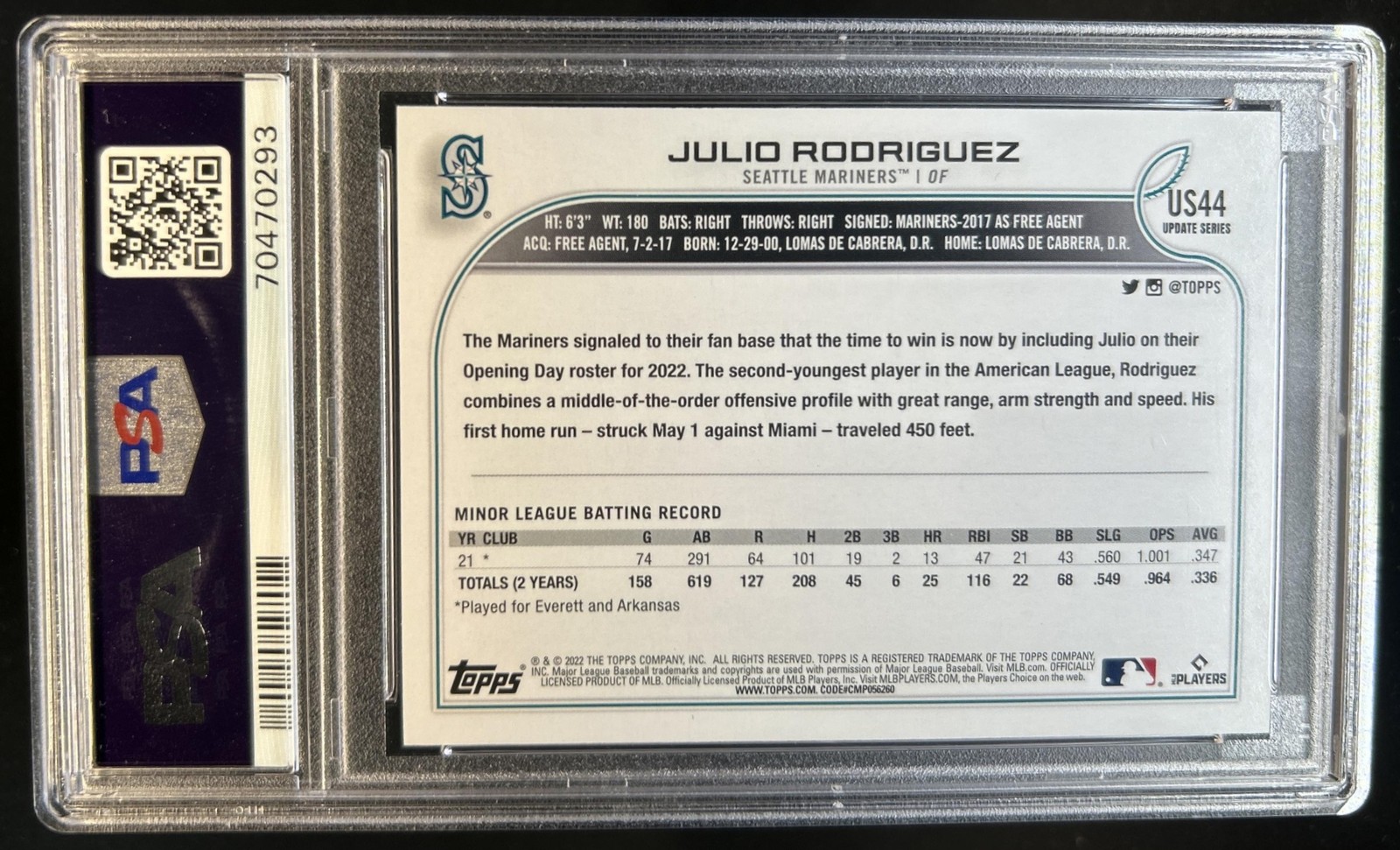 2022 Topps Update Julio Rodriguez Rookie RC SSP #US44c Mariners PSA 10 GEM MINT view 2