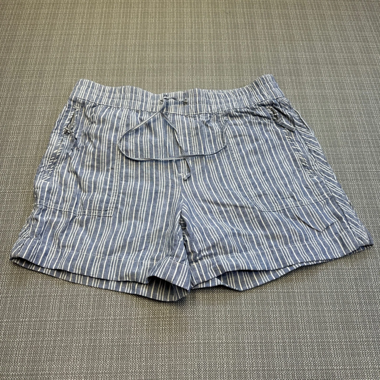 Linen Coastal Stripe Shorts Womens Medium Blue White Drawstring Lord & Taylor