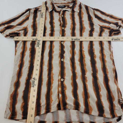 Express Mens M Shirt Brown Beige Striped Rayon Button Front Casual Camp Collar - Picture 2 of 7