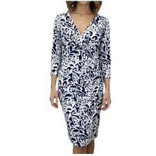Ralph Lauren Blue White Floral Faux Wrap 3/4 Sleeve Stretch Sheath Dress Size 8