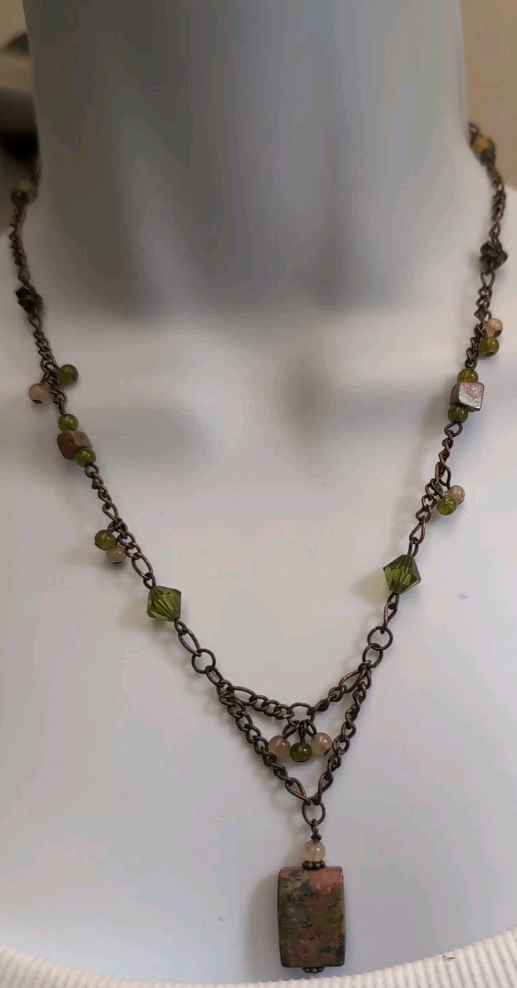 copper chain, green  pink beaded  rectangular jas… - image 1
