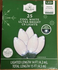 NEW Holiday Time 25 LED Cool White Ultra Bright C9 Lights Green Wire 15 Ft Long