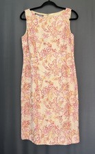 Maggy London Embroidered Linen Sheath Midi Dress Size 8 Beige Pink Orange Floral