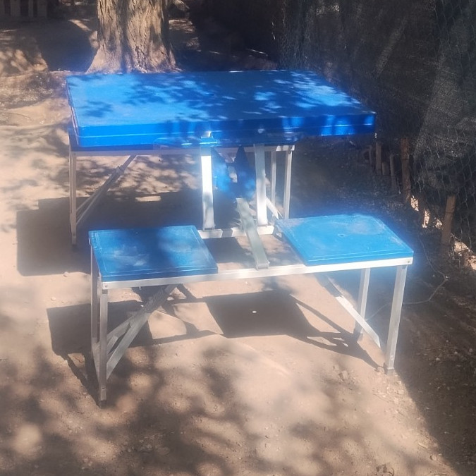 Foldable Portable Metal Picnic Table & Bench Set, Blue/Silver, Camping