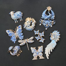 Blue and White Porcelain Enamel Brooches Crystal Rhinestone Animal Lapel Pins