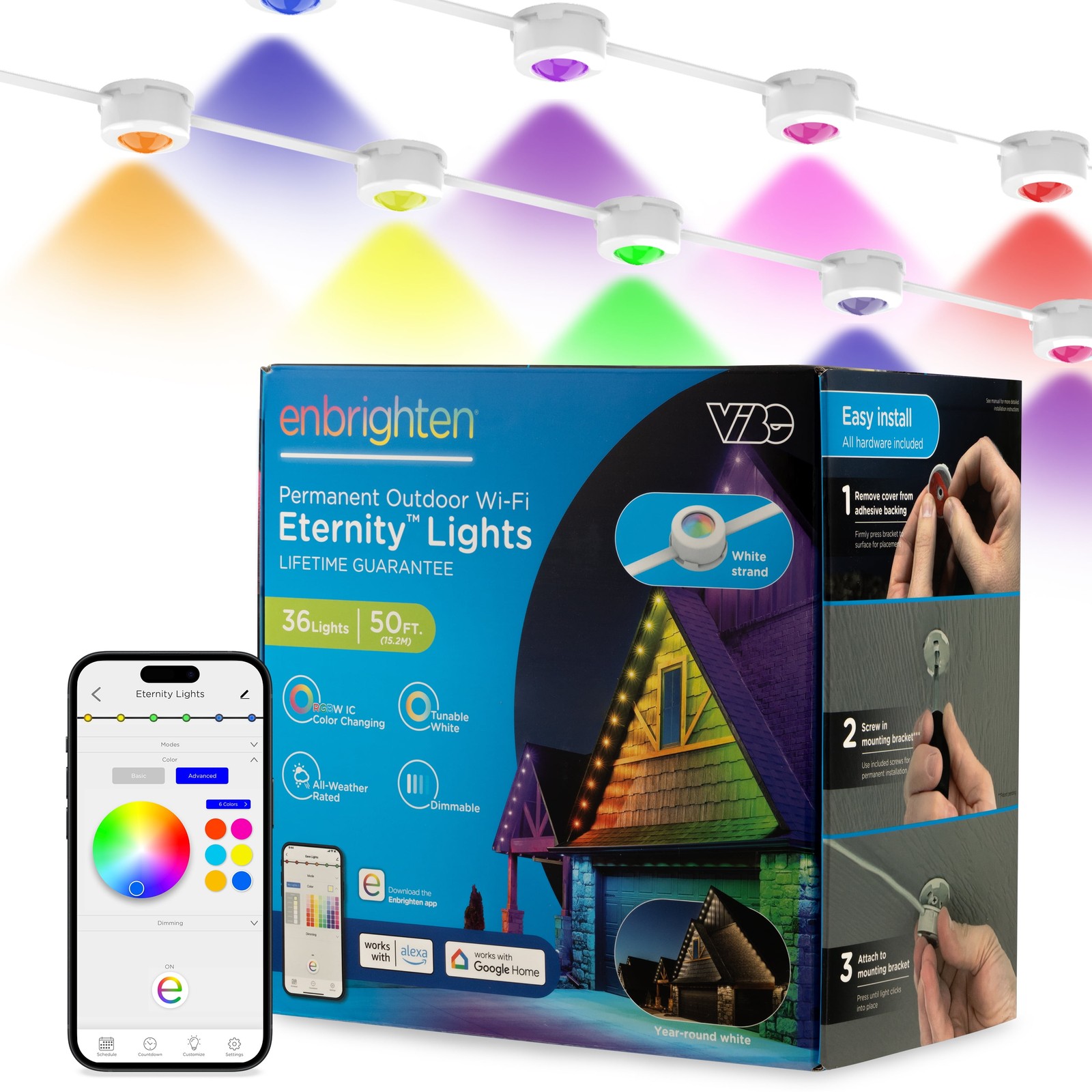 Enbrighten Eternity Lights Outdoor String Lights, 50ft, 36 RGBWIC LEDs, Smart
