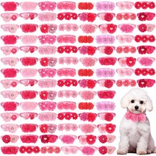 100 Pcs Pink Dog Collar Flowers Bows Dog Grooming Collar Bulk Adjustable Pet ...