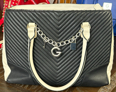 GUESS Black/White Quilted Satchel Top Handle Zip Chain Logo Charm Lined