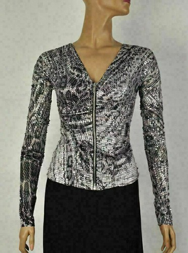 ROBERTO CAVALLI TOP RUCHED ZIPPERED BLOUSE LONG SLEEVE SNAKE $1,575 S SMALL - Picture 2 of 7