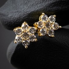 14K Gold Plated Snow Flake Flower Cluster Sterling Silver Iced Cz Stud Earrings