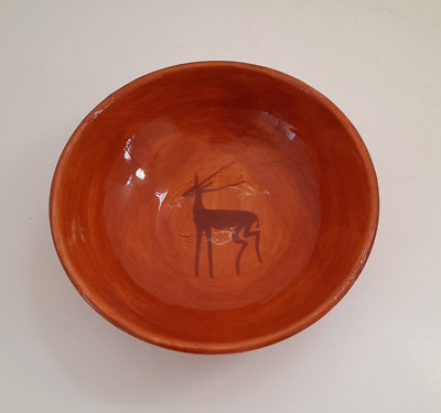 Africa Art Pottery Bowl with Gazelle Vintage, 6 1/2 inches wide Bushman Brand