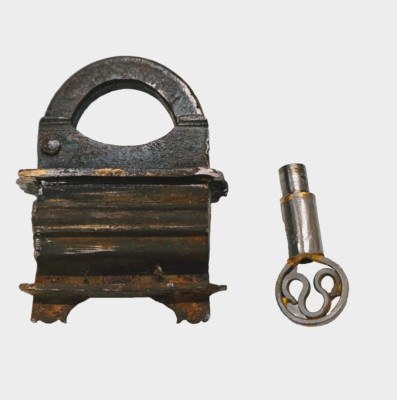 Rare 18C Old Vintage Antique Iron Solid Heavy Unique Lock With Key Collectible