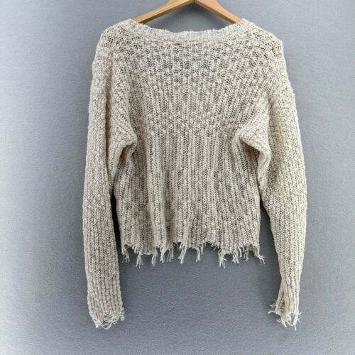 Very J Knit Crochet Sweater Ivory V-Neck Distressed Hem Sleeved SZ S Grunge NWT - Picture 2 of 7