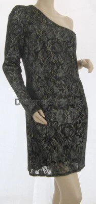 A. B. S.Allen Schwartz Créateur Noir Argent Or une Épaule Robe L - Photo 1/3