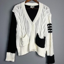 Elan Open Knit Black  White Color Block Sweater Cardigan Button Up Pockets Sz M