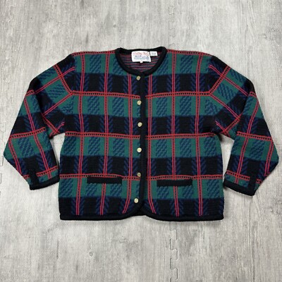 VTG 80S 90S TALLY-HO PLAID CARDIGAN BUTTON SWEATER WOMENS LARGE RED GREEN KNIT