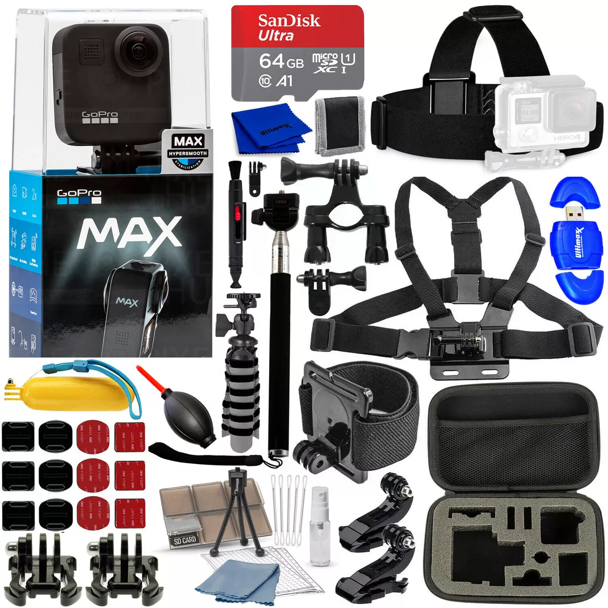 GoPro MAX 360 Waterproof Action Camera + 32GB + Chest and Head Strap Bundle  