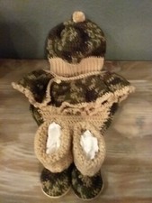 Hand Crocheted Camo n Tan Diaper Cover, Beanie, and Cuff Boots Bee's Babiez
