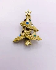Red Green Blue Clear Rhinestone Small Christmas Tree Brooch  Pin Vintage E2