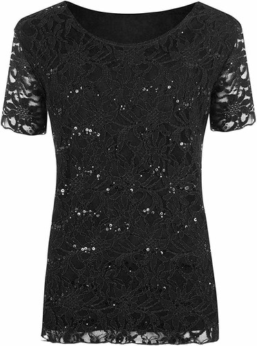 Womens Short Sleeve Floral Lace Lined Sequin Top Ladies Party Top Sizes UK 14-28 - Picture 2 of 12