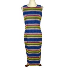 Adrianna Papell Dress Womens 8P 100% Silk Rainbow Watercolor Striped Hemmed