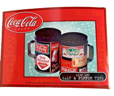 2001 Coca Cola Sign Images Graphic Metal 4" Salt & Pepper Shakers Tins NEW