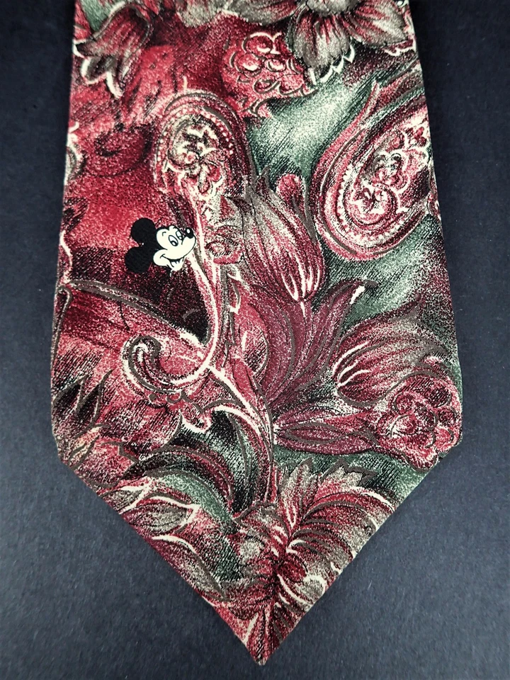 Corbata Mickey Mouse Paisley Floral Roja Verde Seda Disney Originales Hecha en EE. UU. Foto 2 de 4
