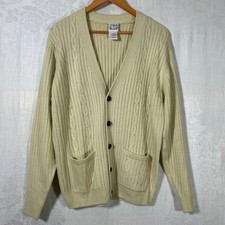 Vintage Cardigan Sweater Medium Cream Cable Knit Ribbed V Neck Patch Pockets