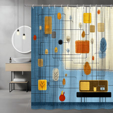 Mid Century Abstract Graphic Shower Curtain Blue Orange
