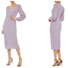 Mac Duggal 10764 Sequin Midi Dress Women Size 6 Lilac Bishop Sleeve Formal Prom
