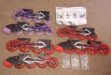 LOT 3 PAIR ROLLER DERBY RD INLINE SKATE WHEELS AND FRAMES RED PURPLE
