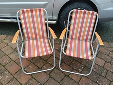 Vintage Pair Of Folding Deck Chairs Striped VW Camper Westfalia Devon Retro