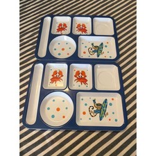 Set of 2 Kids Melamine Divided Dinner Trays Beach Surf Monkey Crab Blue White