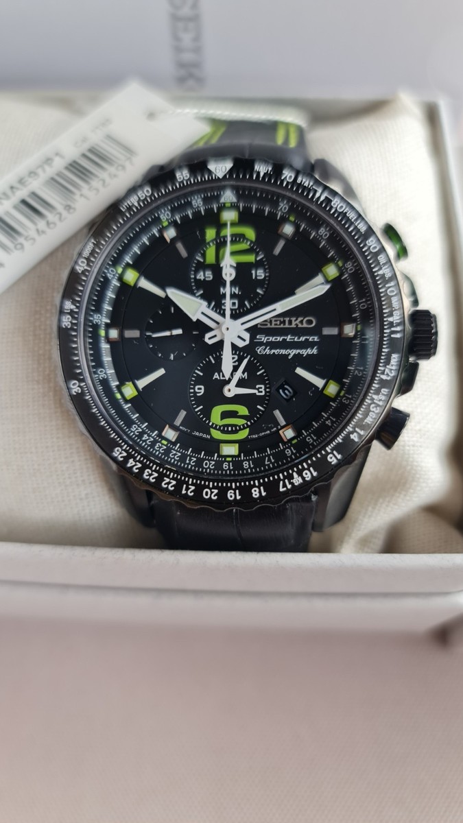 SEIKO SPORTURA SNAE97P1 Chronograph Watch Green Leather Quartz