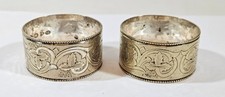 Antique Silver Plated Napkin Rings Pair Grapevine Grape Vine Beaded Rim Set