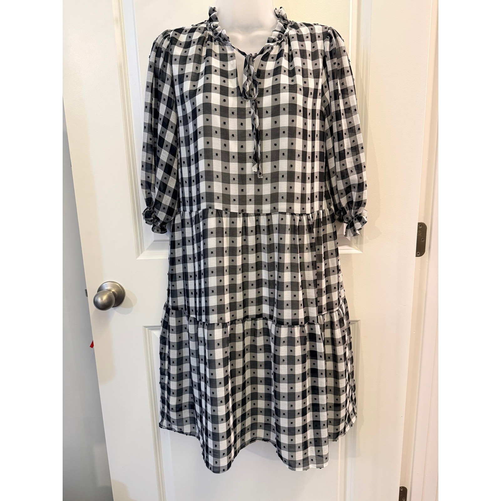 Womens Black White Gingham Dress Tiered Babydoll L Cottagecore Feminine Preppy