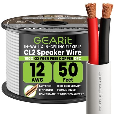 GearIT In-Wall Lautsprecherkabel OFC 2x4 mm   (15,24 Meter - 50', weiß 12 AWG 