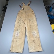 Carhartt Bib Overalls Mens 34x28 Tan Duck Canvas Double Knee Distressed Workwear