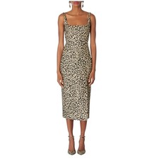 Carolina Herrera Gold Thin Strap square neck fitted Midi Leopard Column dress