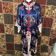 VINTAGE Esme Kimono Robe Coat Adult Large Blue Embroidered Floral Chinese