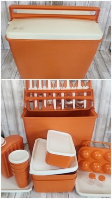 VTG Retro 1970's Curver Orange Picnic Set Cooler BOX  Camping Bowls Cups Cutlery