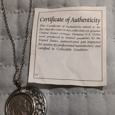 Silver Coin Pendant Necklace, Round, Rope Chain, Turquoise Chips, COA
