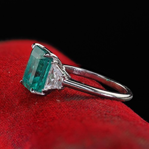 Estate Contemporary Platinum Colombian Emerald Diamond Three Stone Ring - GIA - Picture 4 of 11