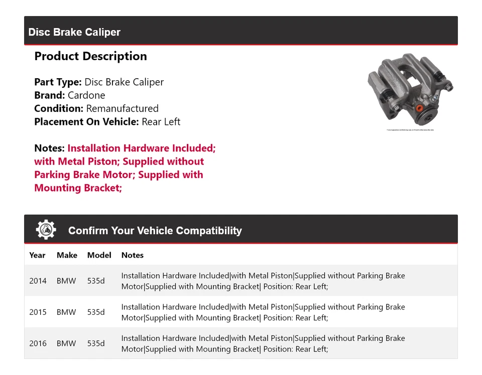 Pinza de freno de disco trasera izquierda cardone 2015 para BMW 535d 2014-2016 Foto 2 de 4