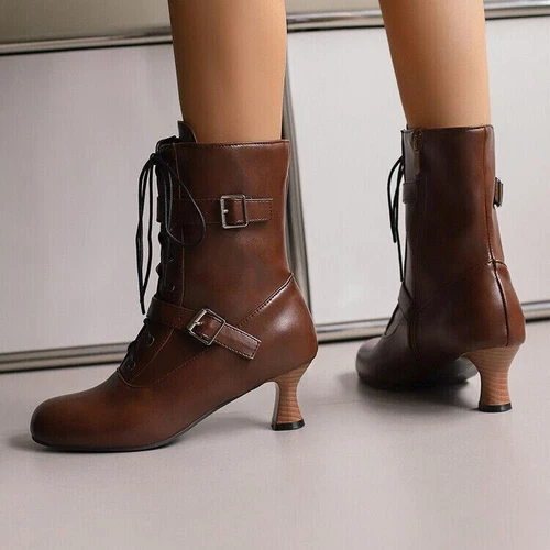 Womens Chic Shoes Round Toe Lace Up Buckle Straps Mid Heel Ankle Boots - Picture 12 of 31